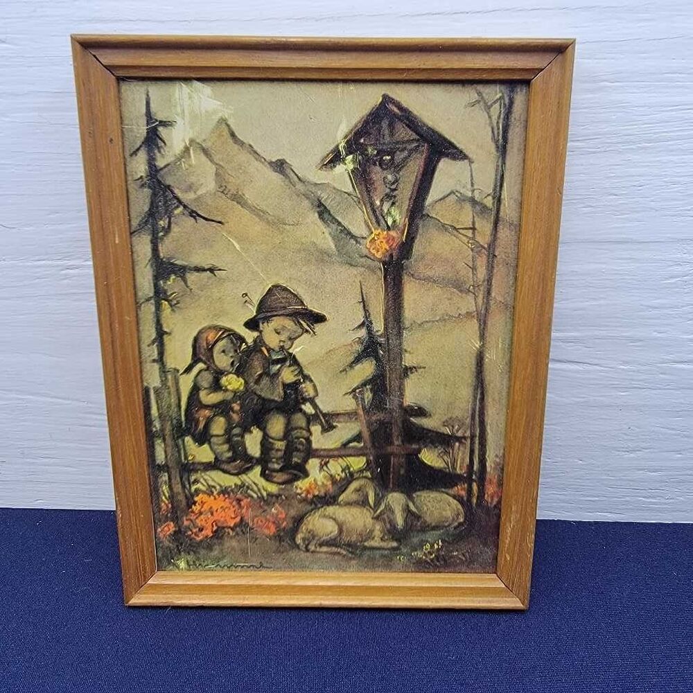 Framed Vintage Hummel Birthday Card Children Sheep Barn Art Print 4.5x6